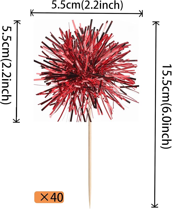 40 PCS Foil Firework Cupcake Toppers Sparkle Tinsel Cupcakae Picks Sparkler - Image 2