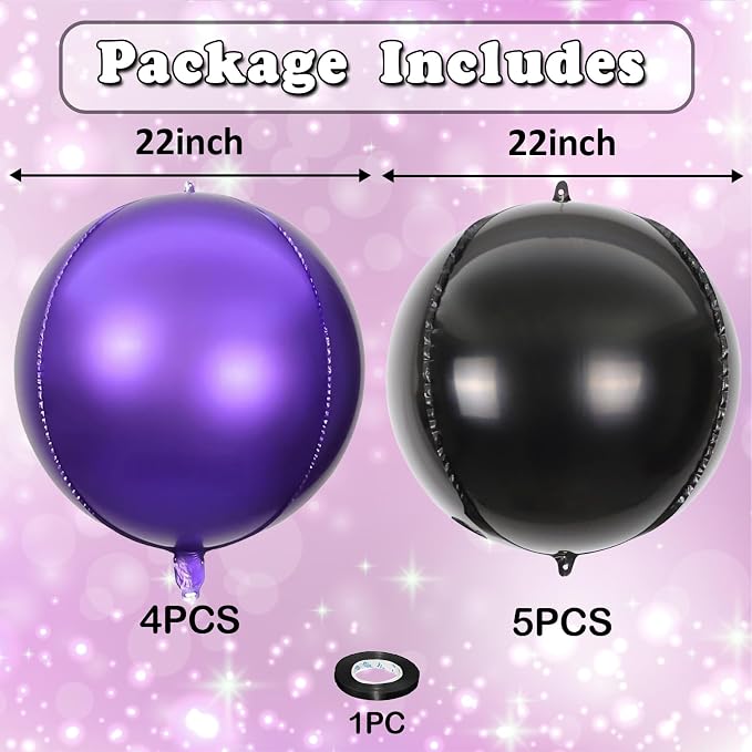 9 Pcs Black Purple Round Foil Balloons Black Metallic Dark Purple Chrome 4D - Image 2