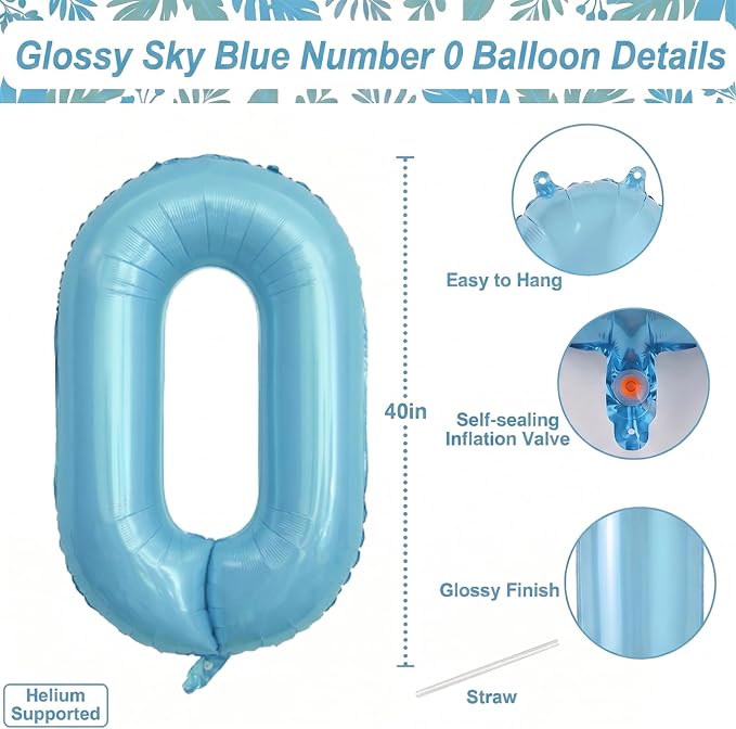 Pearlescent Blue Number 0 Balloon 40 Inch, Giant Light Blue Foil Number 0 - Image 4