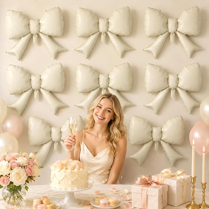 8Pcs White Bow Foil Balloons, 21Inch Cream White Bow Shaped Balloons - Image 6