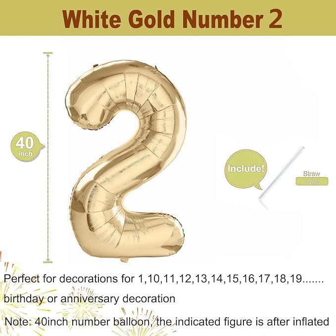 40 inch White Gold Number Balloon Giant Foil Helium Balloons Champagne Gold - Image 2