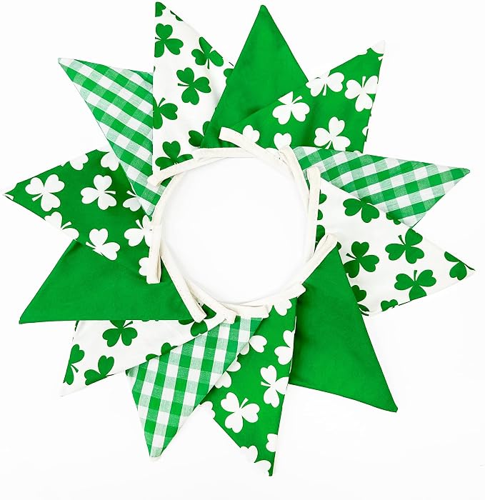 2 Sets of Shamrocks Nursery Garland 20Pcs Green Plaid Clover Pennant Banner - Image 7