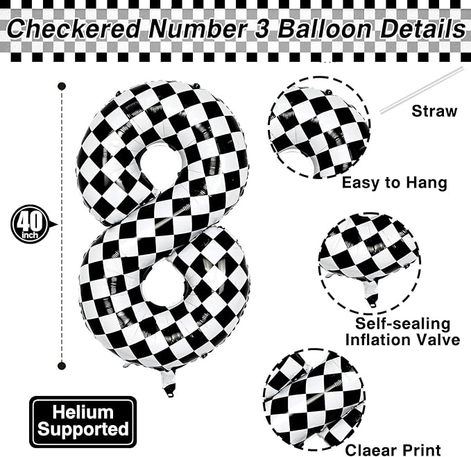 40 Inch Checkered Number 8 Balloon, Large Foil Black and White Number Balloons - Image 4