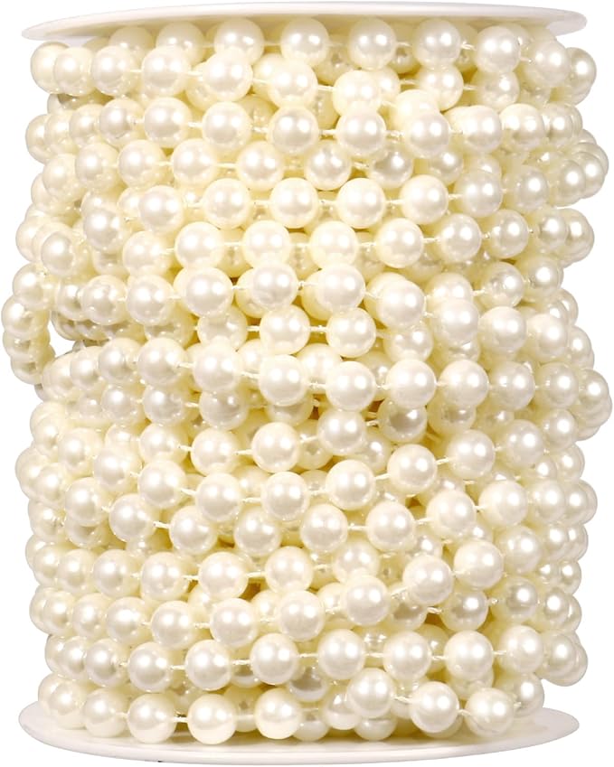[47Feet] Pearl Beads Garland, 8MM 15.7 Yards Faux Pearl Beads String Roll Bulk for DIY Craft Wedding Party Christmas Tree Decoration