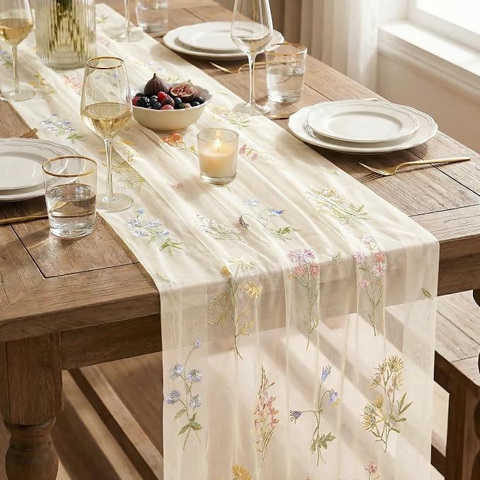 Artoid Mode Wildflower Floral Beige Apricot Gauze Embroidery Table Runner 120 - Image 7