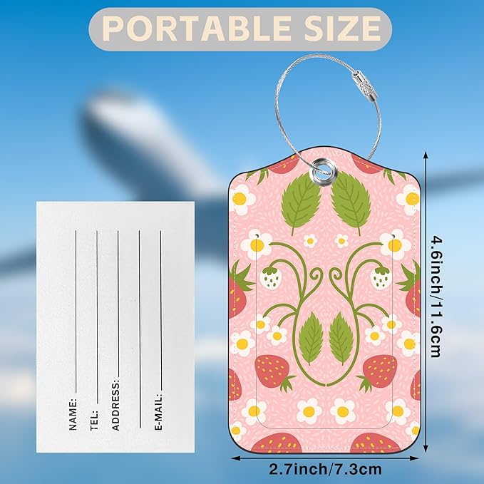 2 Pack Luggage Tags for Suitcases Strawberry and Flowers Leather Luggage Tags Privacy Cover ID Label with Stainless Steel Loop and Address Card for Women Men Travel Bag Backpack