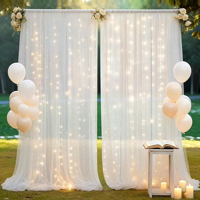 10×10ft Tulle Backdrop Curtains with Lights String - 300LED Fairy Lights Sheer Curtain Backdrop for Weddings Baby Shower and Birthday Party Decorations(4 Panels 5×10ft)