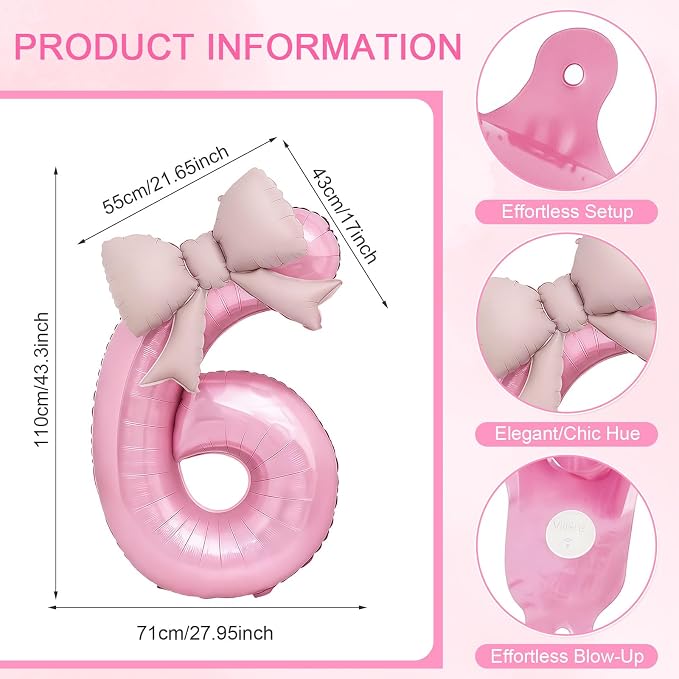 Bow Pink 6 Balloons, 40 Inch Giant Pink Bow Helium Foil Number 6 - Image 2