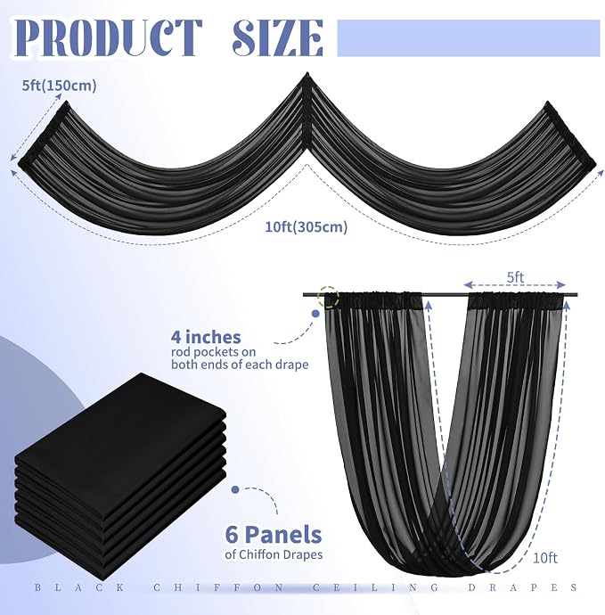 6 Panels Black Ceiling Drapes for Wedding Ceiling Drapes 5ftx10ft Wedding Arch - Image 2