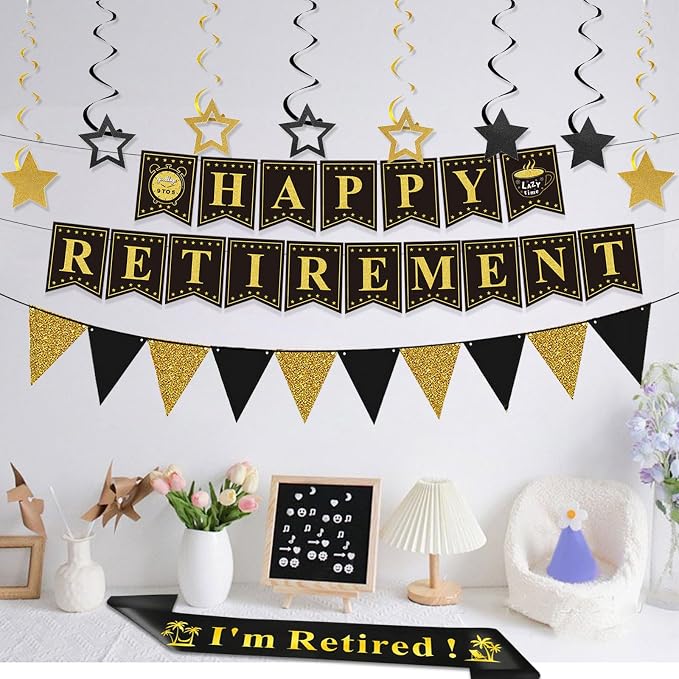 Retirement Party Decorations Black and Gold Happy Retirement Banner Gold - Image 7