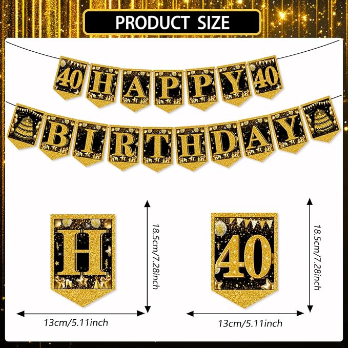 Mxdfafa 39Pcs Black Gold Glitter 40th Birthday Decorations Kit, 40th Bday Party - Image 5