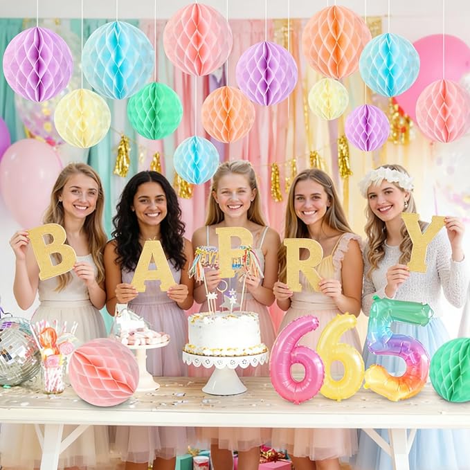SUNBEAUTY 16Pcs Pastel Honeycomb Decorations 8'' Pastel Rainbow Hanging - Image 6