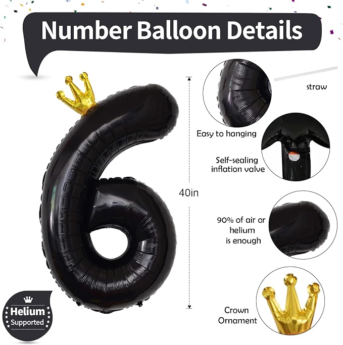 Large Number 6 Balloons, Crown Self Inflating 0-9 Set Balloons - Image 2