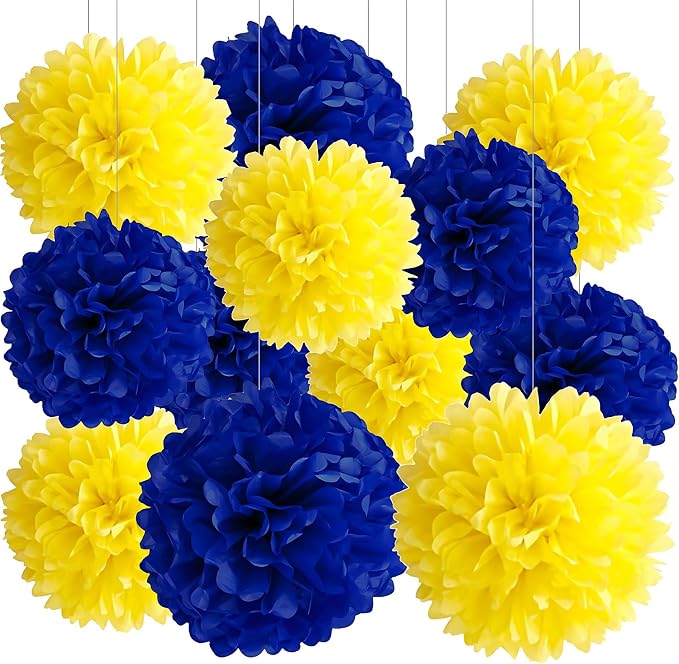BRZIKWT 12 Pcs Navy Blue Yellow Tissue Paper Pom Poms by Unknown
