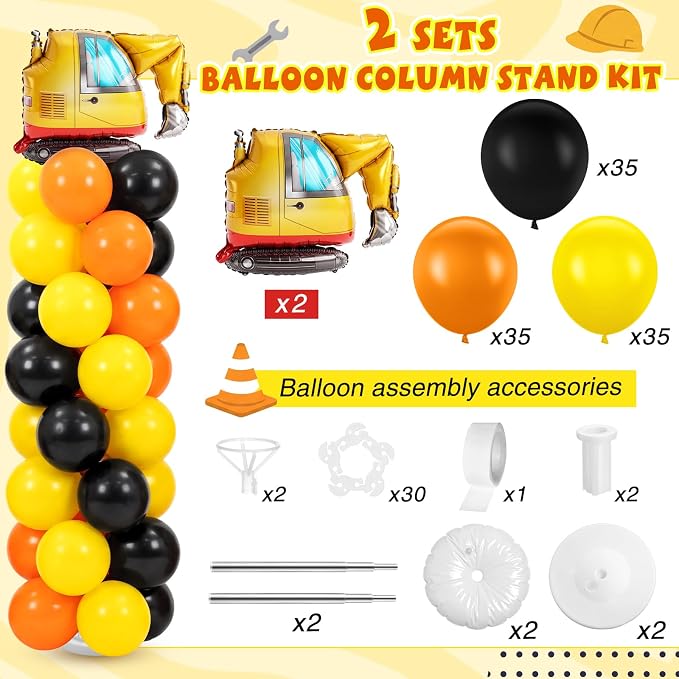 2 Set Construction Party Balloon Column Stand Kit Orange Yellow Black Balloon - Image 2