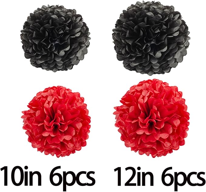 BRZIKWT 12 Pcs Black Red Tissue Paper Pom Poms - Image 3