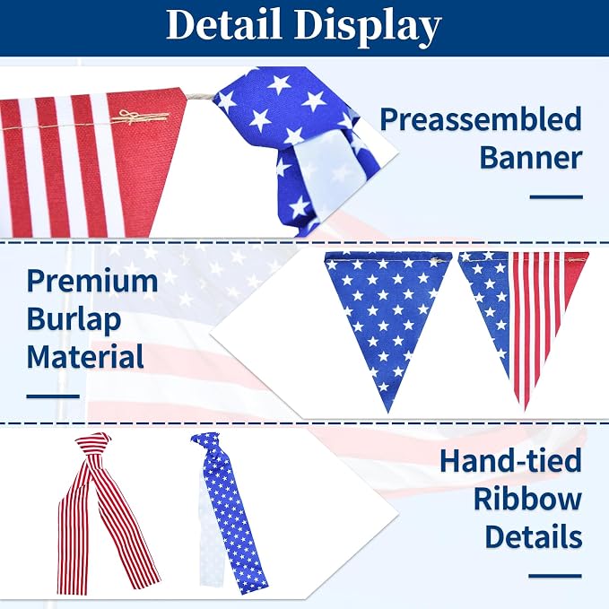 4th of July Patriotic Fabric Tassel Banner Garland – 10 FT Red White Blue - Image 3