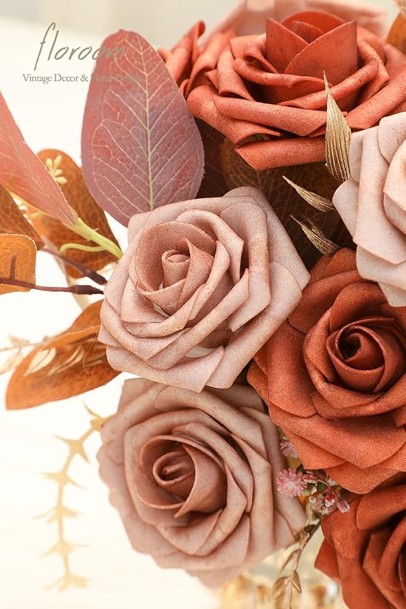 Floroom Artificial Flowers 25pcs Real Looking Burnt Orange & Warm Taupe Foam Fake Roses with Stems for DIY Wedding Bouquets Bridal Shower Centerpieces Floral Arrangements Party Tables Home Decorations