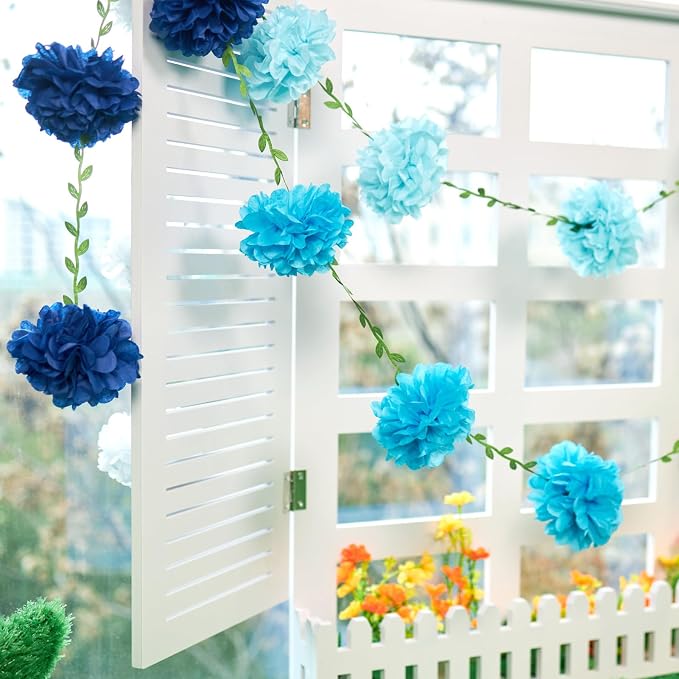 Gradient Blue Tissue Paper Pom Pom Garlands, Paper Flowers - Image 5
