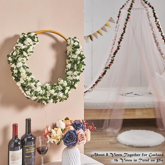 8 Pcs x 8.2 ft Flower Garland Artificial Rose Vine Flowers with Green Leaves Hanging Fake Roses Vine for Room Party Home Wedding Birthday Christmas Wall Arch Decor, Spring White Flower