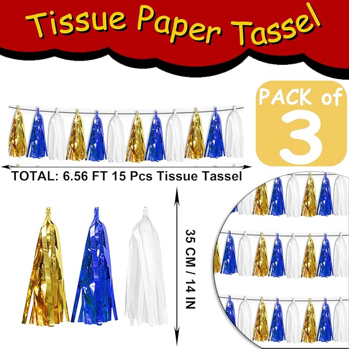 3 Pack Navy-Blue White and Gold Tassel Banner Garland Metallic Foil Fringe - Image 2