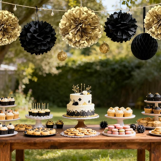 Black Gold Paper Pom Poms for Wedding Birthday Black Gold Party Decoration - Image 4
