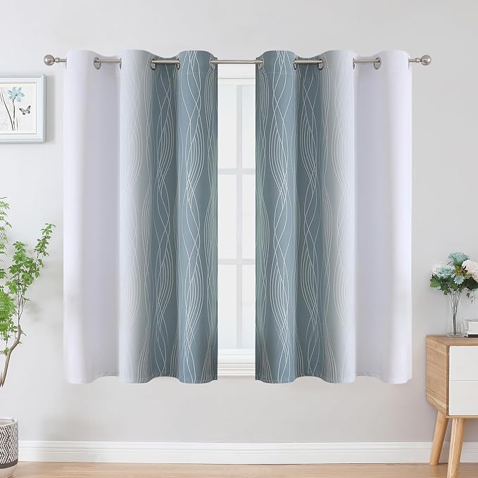 Stone Blue and Greyish White Ombre Blackout Curtains 45 Inch Length 2 Panels - Image 2