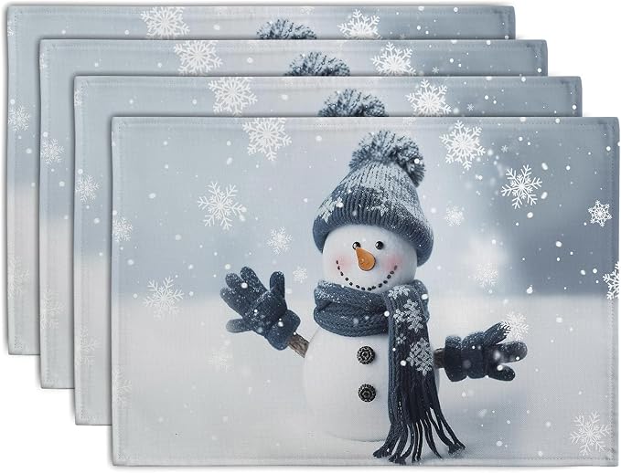 Snowman Placemats Set of 4, 12x18 Inch Winter Cute Blue Snowman Snowflake Table by Wnoesat