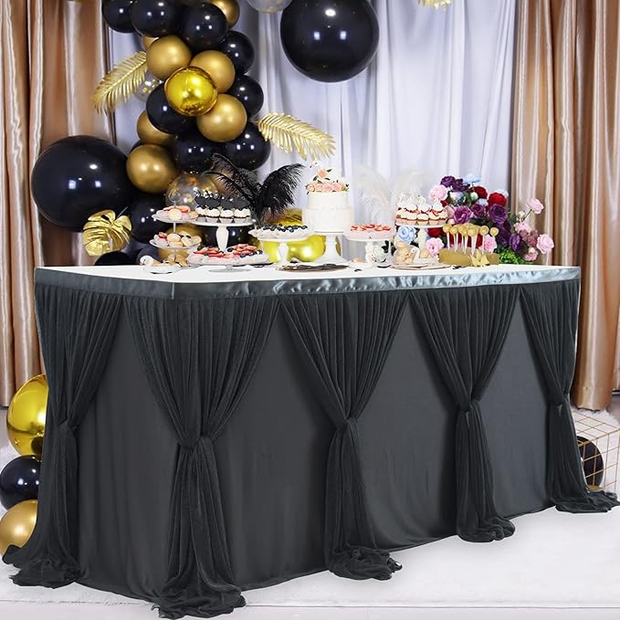 9ft Black Tulle Table Skirt for Rectangle Tables or Round Tables Tutu Table Skirt for Birthday Party Baby Shower Wedding Parties Dessert Buffet Banquet Decorations
