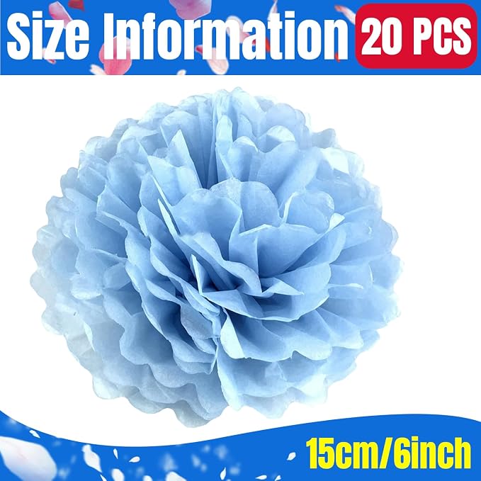 Qimoo 20pcs Lake Blue Paper Pom Poms Decorations, DIY Decorative Tissue Paper - Image 2