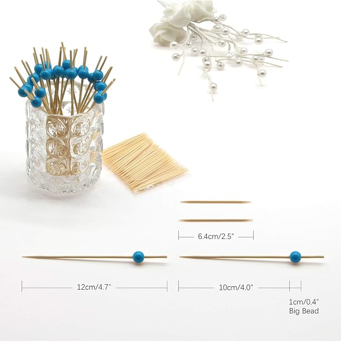 Minisland Sky Blue Pearl Bamboo Cocktail Picks, Fancy Appetizer Toothpicks | - Image 2