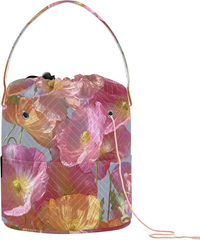 Pink Poppy Yarn Bag Small Crochet Bag Drawstring Yarn Storage Organizer by Tatenale