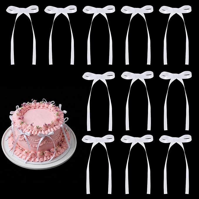 30 Pack Bow Cake Toppers White Ribbon Bows by NatNarr