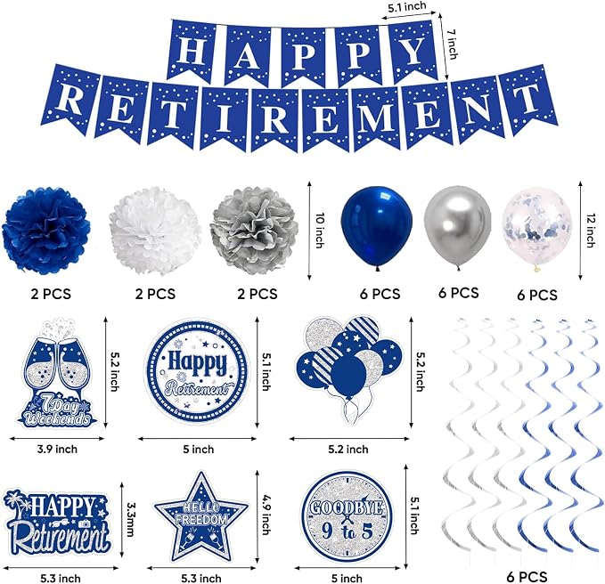 Retirement Party Decorations for Men Women Blue Silver Happy Retirement Banner - Image 2