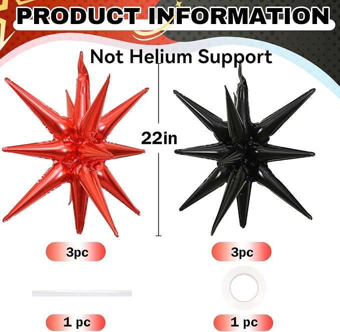 HILAVO 6PCS Black Red Star Balloons, 22Inch Large Star Balloon Foil Balloons - Image 2