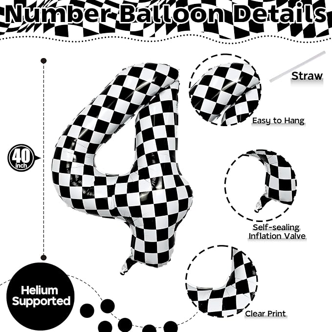 Large Foil Number 4 Balloons, 40 Inch Black and White Checkered 4 Balloon - Image 2