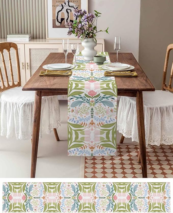 Green Blue Pink Boho Floral Cotton Linen Table Runner for Dining Kitchen, Wedding Outdoor Party Tablerunners Decoration, Retro Bohemian Botanical Dresser Scarf Coffee Tablecloth Runners 13x72 Inches