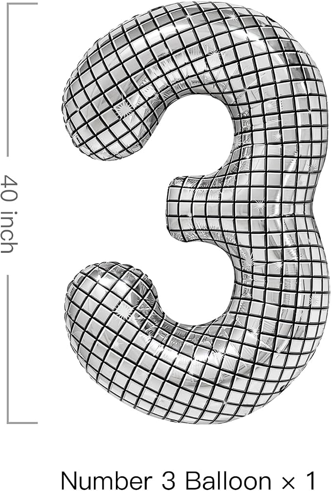 40 Inch Disco Number Balloons Large Silver Disco Ball Print Number Balloon - Image 2