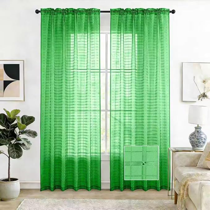 SpaceDresser Check Sheer Curtains 108 Inches 2 Panels Set, Rod Pocket Plaid by SpaceDresser