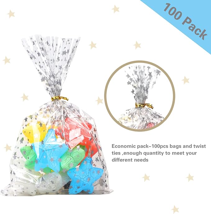 100 Pcs Star Printed 5"X 11" Gift Wrap Cello Cellophane Treat Bags Plastic Poly - Image 3