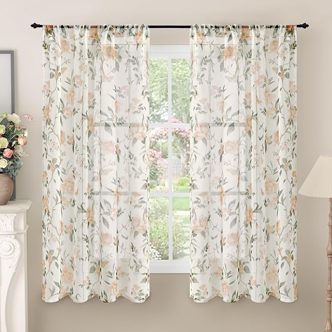 Floral Sheer Curtains for Bedroom Window 63 Inch Length 2 Panels, Farmhouse by Lajode