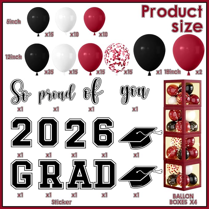 2026 Graduation Party Decorations Black and Maroon Class of 2026 Balloon Boxes - Image 4