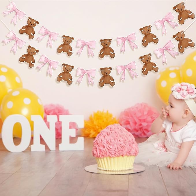 2 Pcs Pink We Can Bearly Wait Banner 6.56 ft Bear Theme Baby Shower Decorations - Image 3