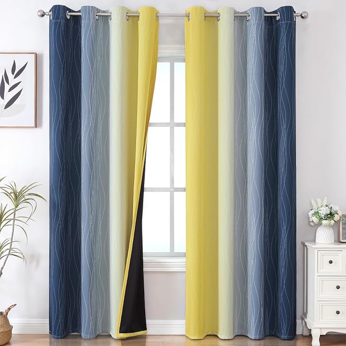 Navy Blue and Yellow Ombre Blackout Curtains 90 Inches Long 2 Panels by ESTELARTEXTILER