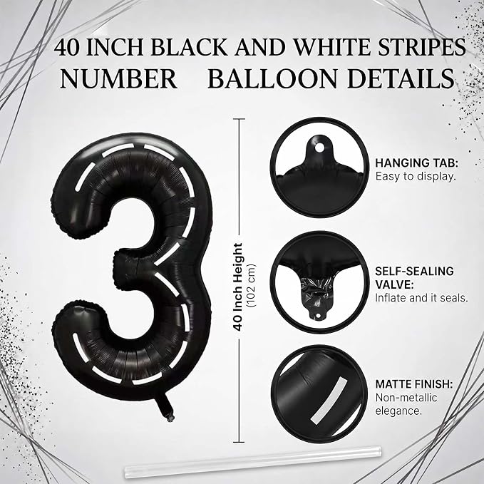 Black and White Stripes Number 13 Balloon 40 Inch, Track Road Digit Decor | - Image 4