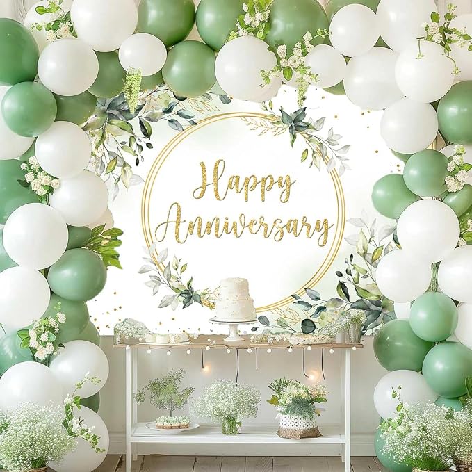 10x7ft Happy Anniversary Backdrop Sage Green Eucalyptus Wedding Anniversary - Image 3