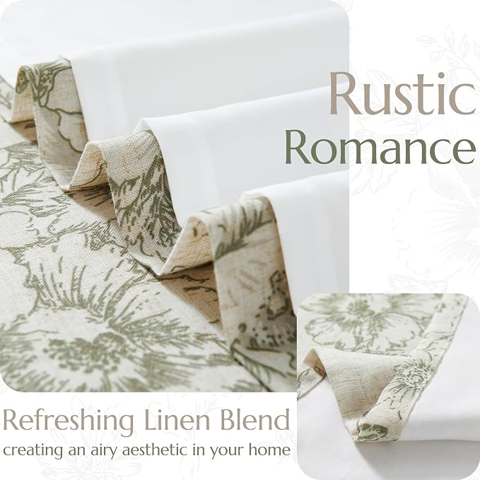 jinchan Green Floral Linen Curtains Lined 90 Inch Vintage Back Tab 2 Panels | - Image 3