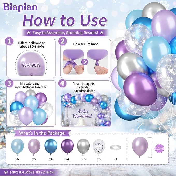 Frozen Balloons, 12 Inch Purple Blue White and Silver Balloons - Image 5