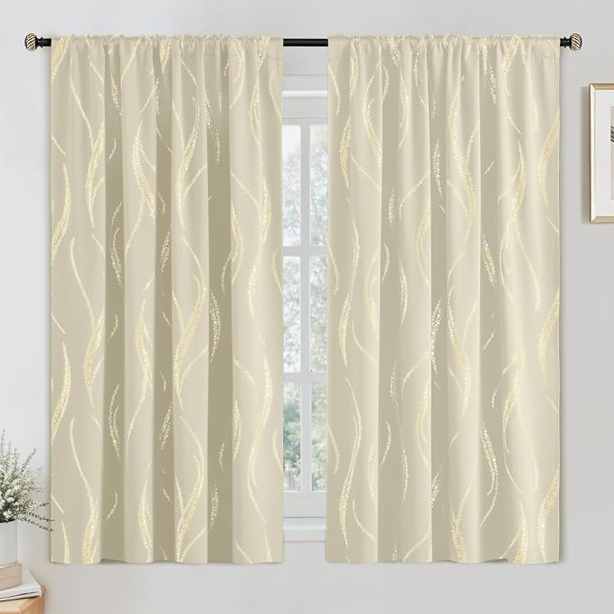 Yakamok Cream Light Blocking Curtains 63 Inches Long Gold Print Wide 52" | Gold - Image 3