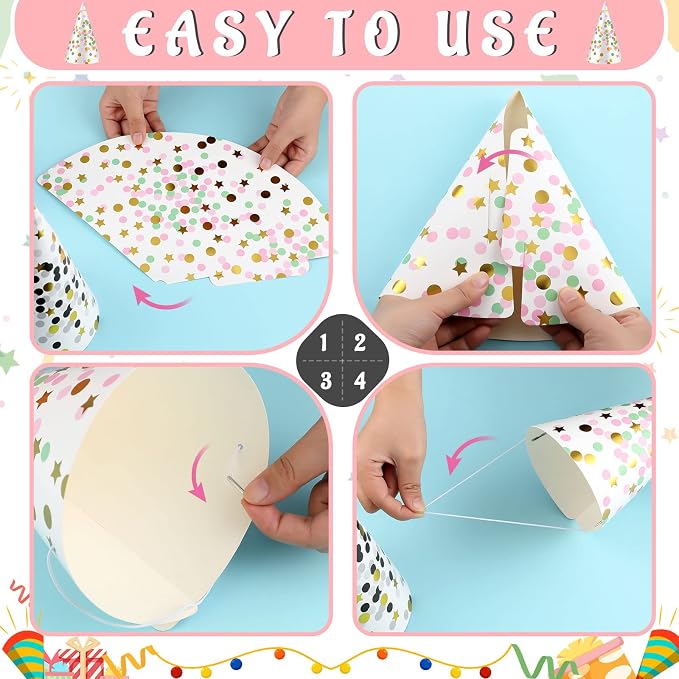 Geyoga 20 Pcs Party Cone Hats Bulk DIY Birthday Assorted Paper Cone Hats Gold - Image 3